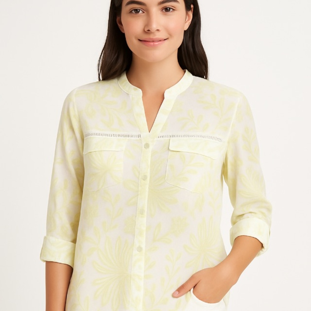 Cocomo Floral Semi-Sheer Button Front Blouse, Ivory/Light Green, M